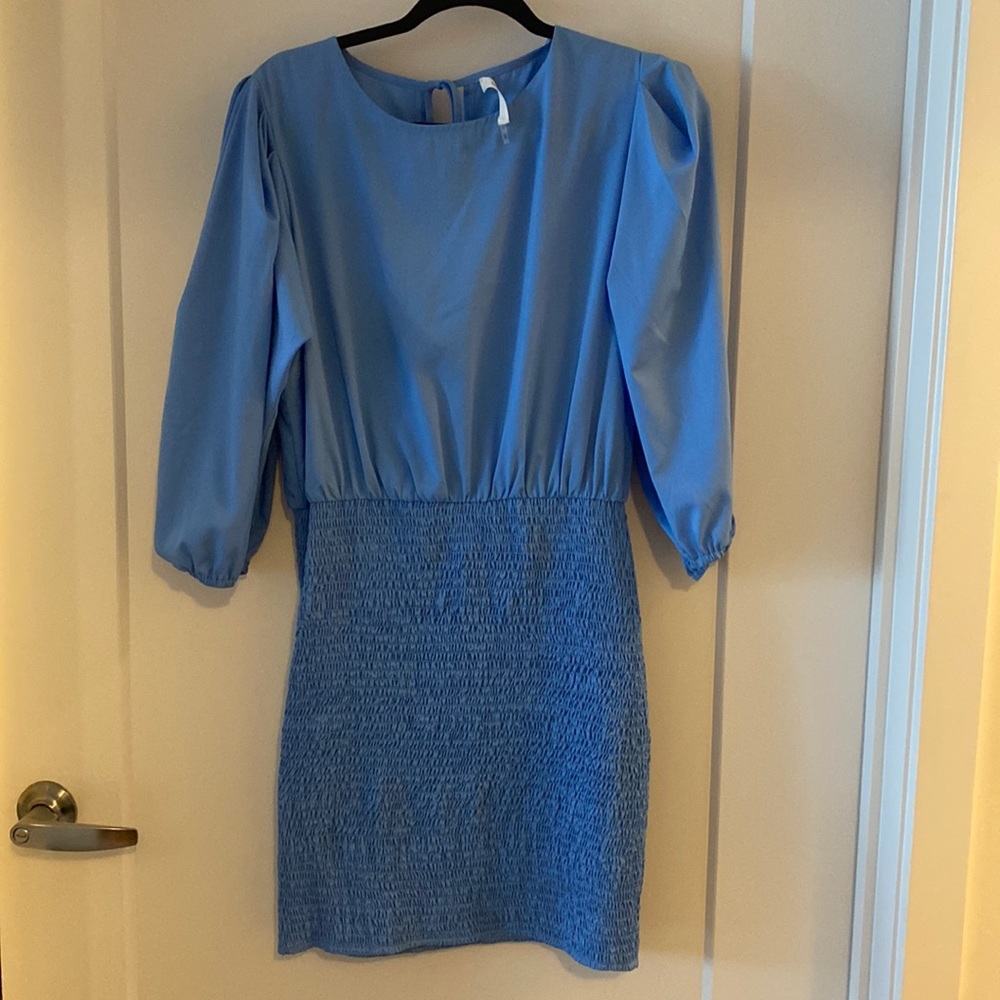 Blue Dress with smocked bottom and dramatic sleeves